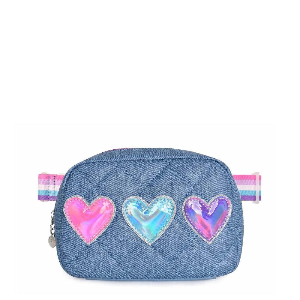OMG Accessories Metallic Heart-Patched Quilted Denim Fanny Pack - One Size